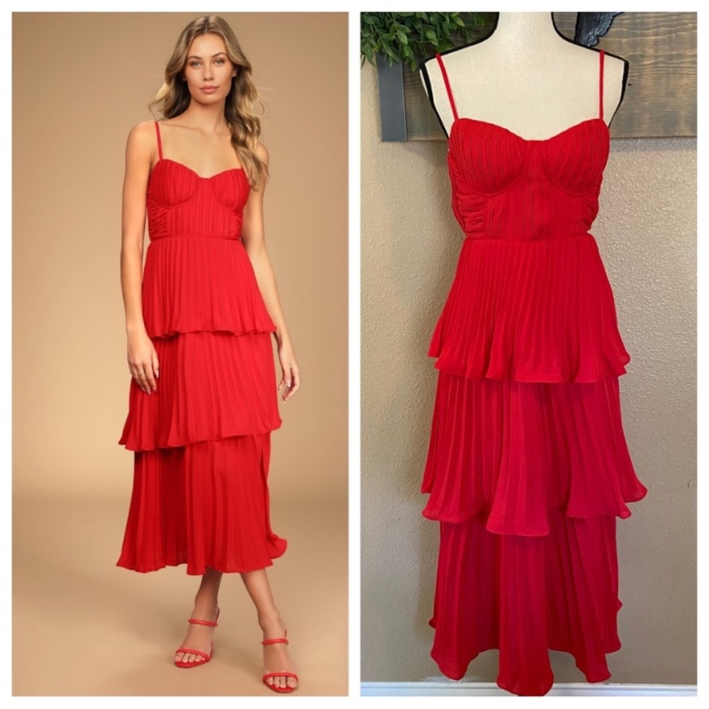 Lulus Cascading Crush Red Tiered Bustier Midi Dress